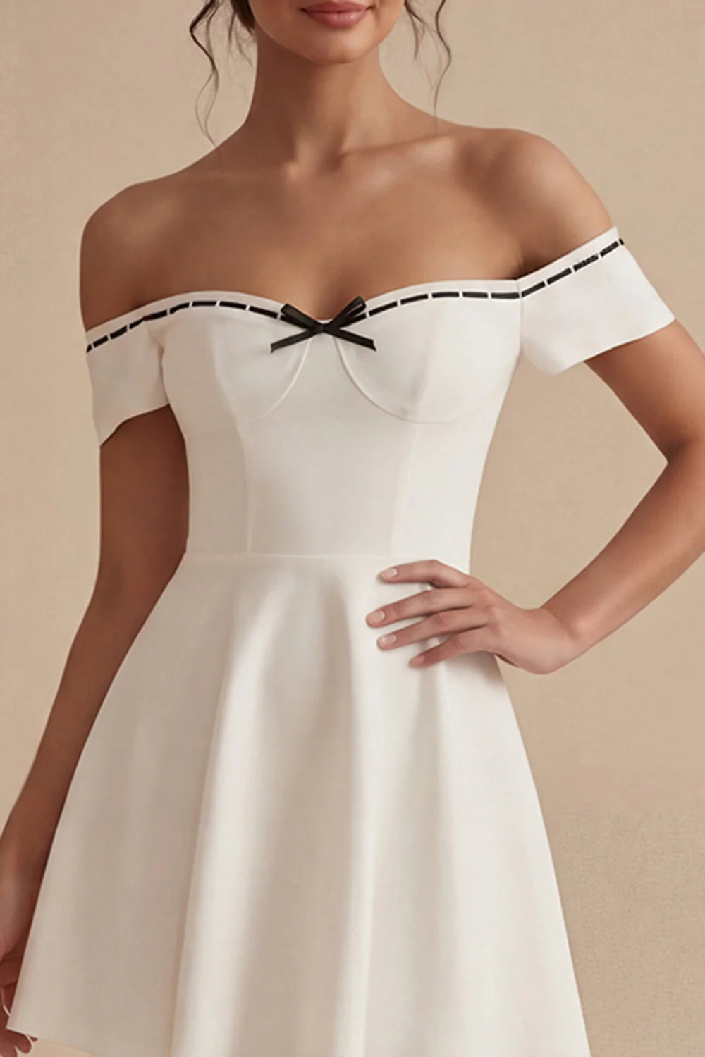 Off the Shoulder White Short A Line Bridal Shower Dress with Bow - Image 3