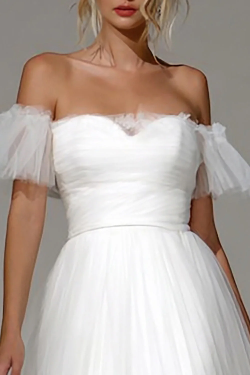 White Off the Shoulder Tulle Midi Rehearsal Dinner Dress - Image 2