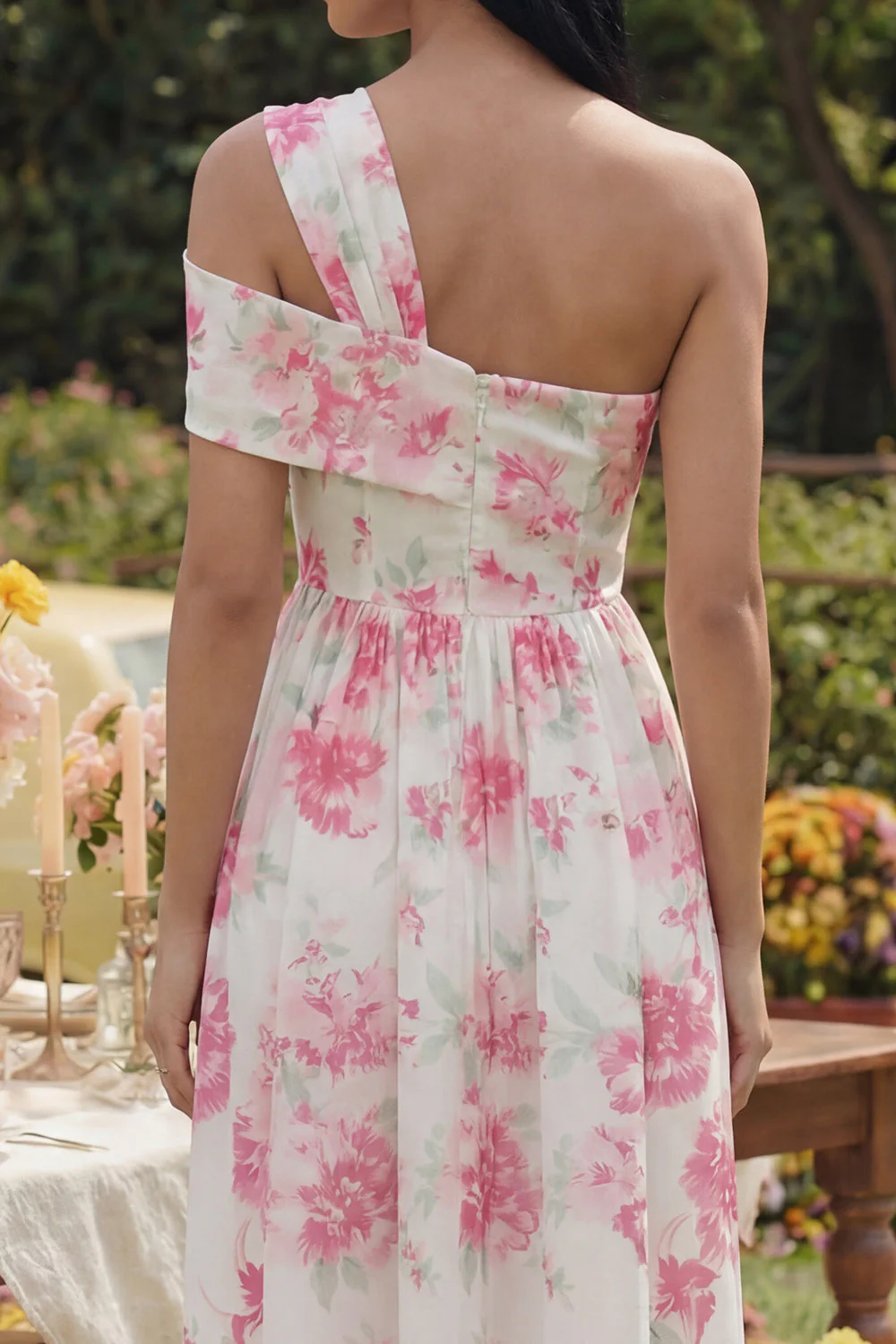 One Shoulder White Fuchsia Flower Printed A Line Midi Dress - Image 4