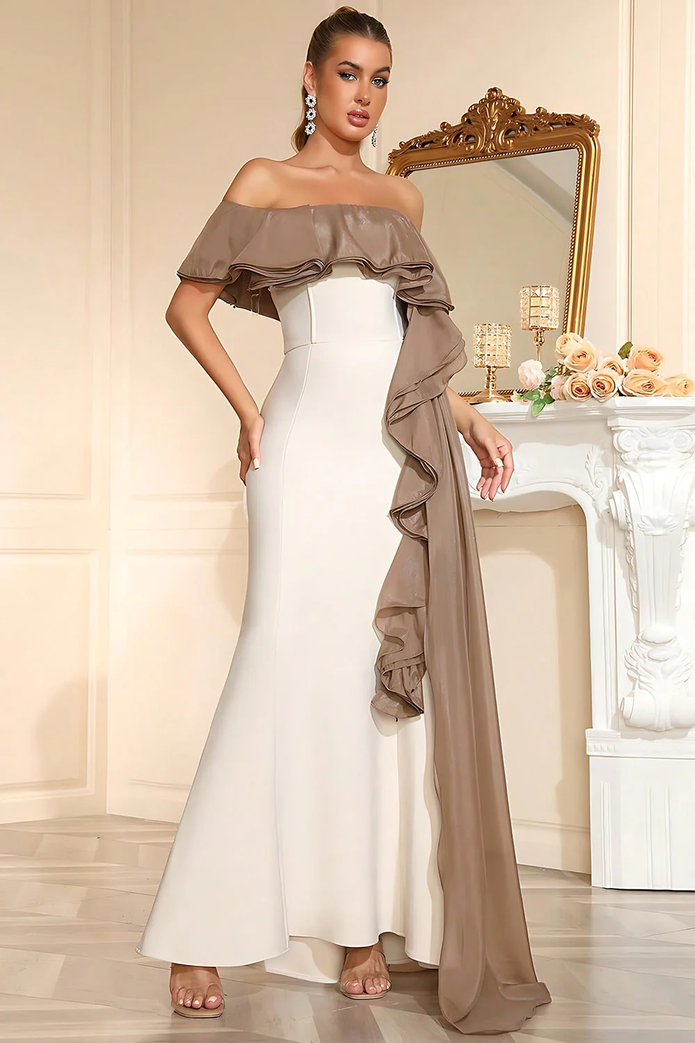 White One Shoulder Mermaid Long Prom Dress with Ruffles - Image 3