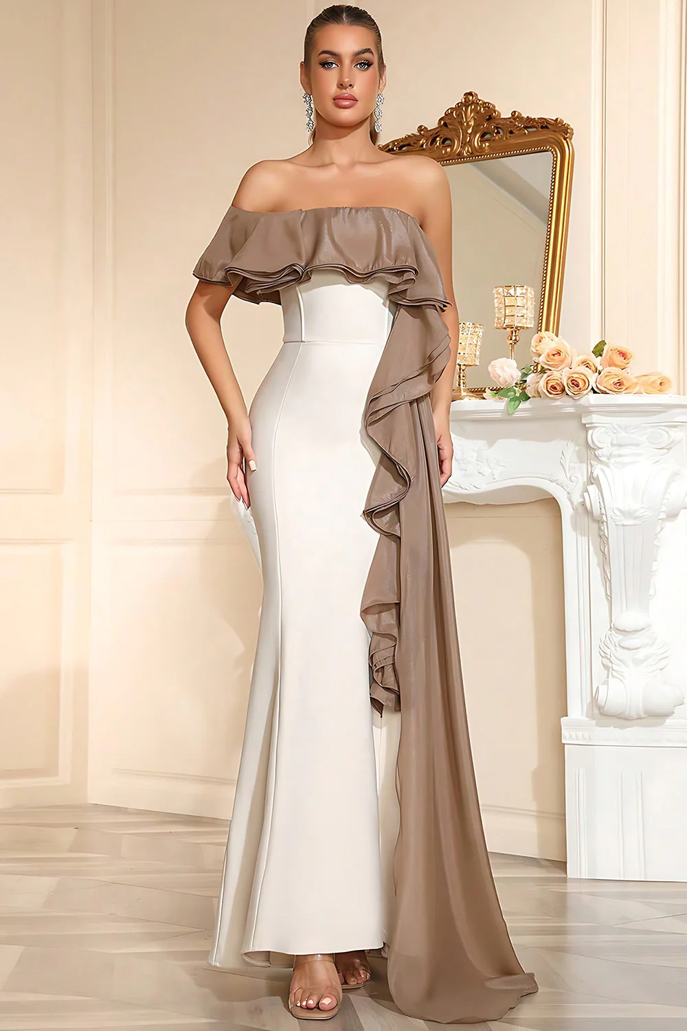 White One Shoulder Mermaid Long Prom Dress with Ruffles - Image 4