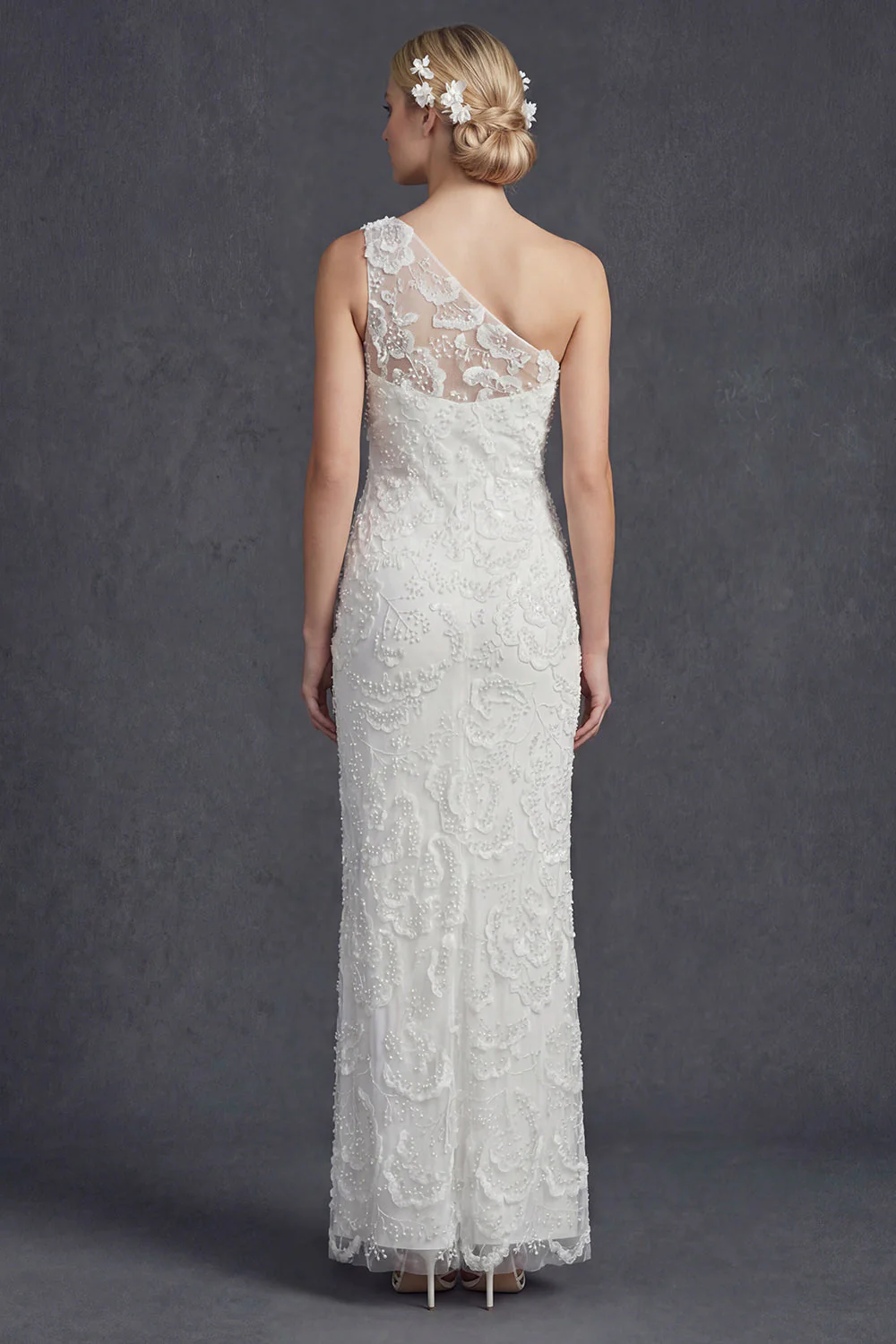 White One Shoulder Sheath Long Wedding Dress with Appliques - Image 2