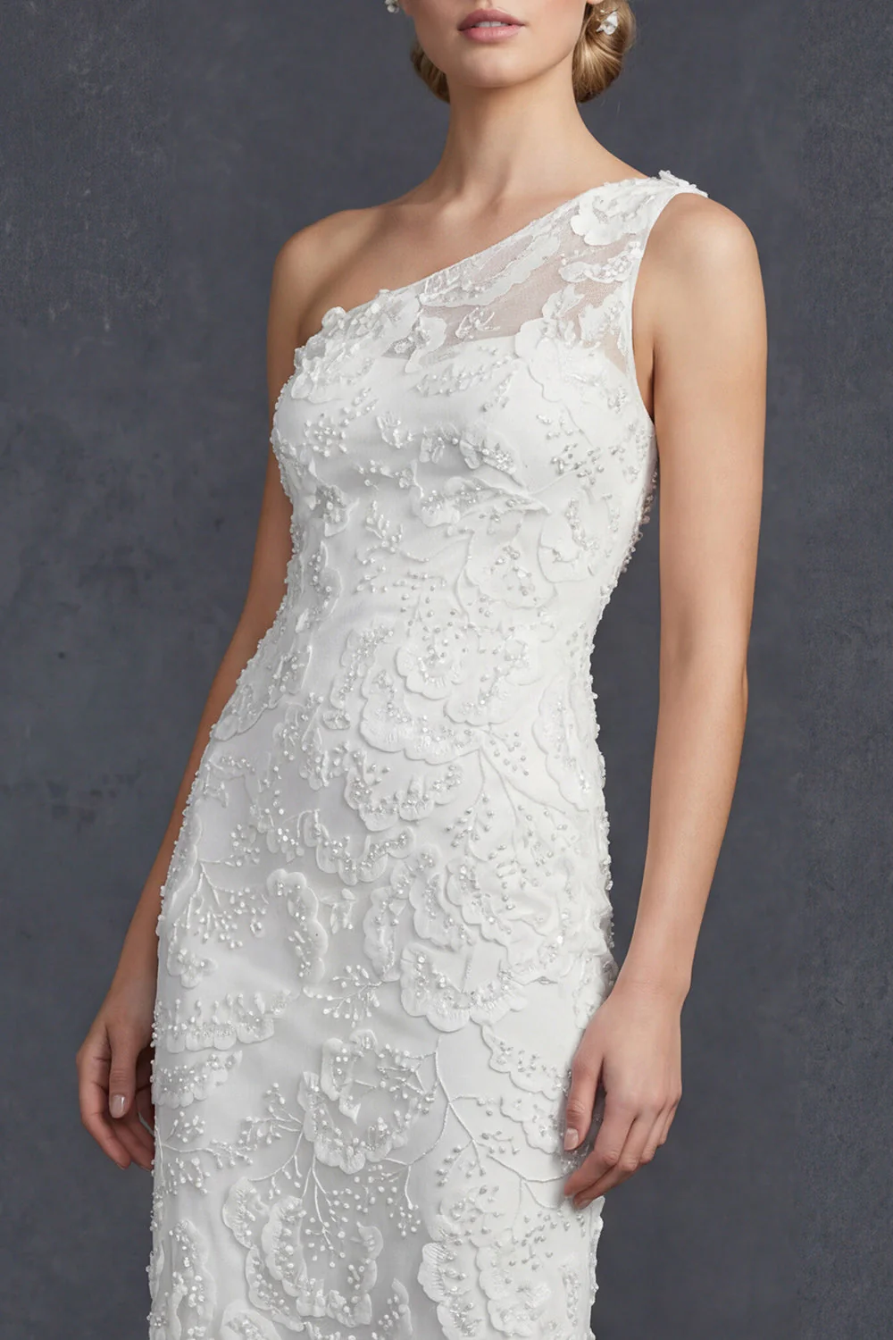 White One Shoulder Sheath Long Wedding Dress with Appliques - Image 3