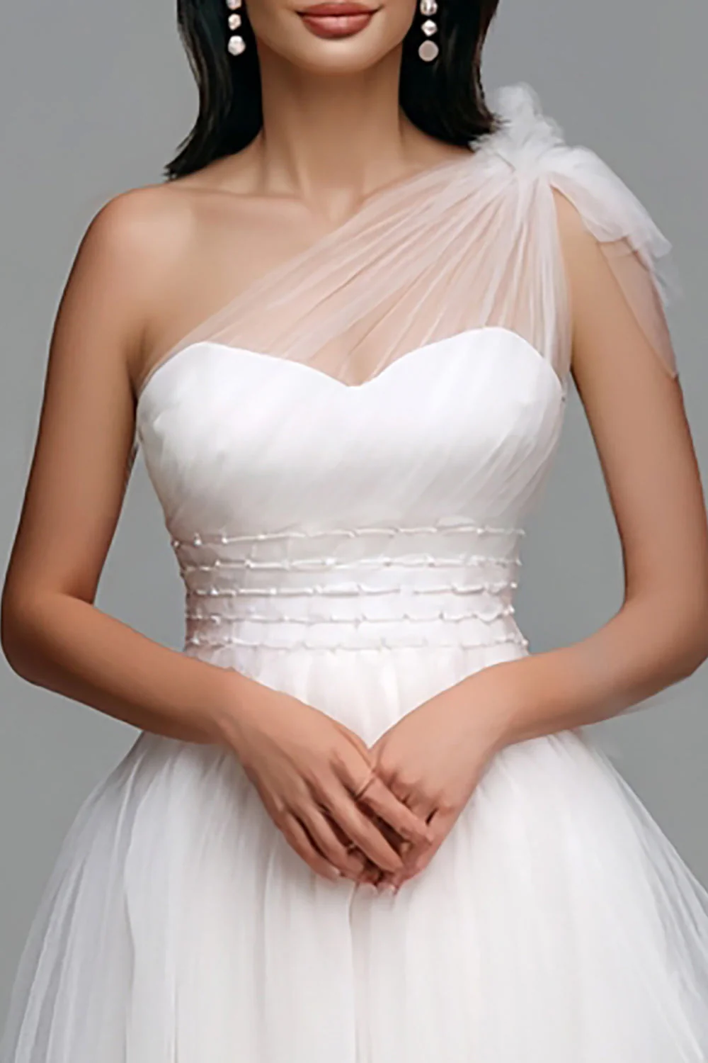 White One Shoulder Tulle High Low Engagement Dress - Image 2