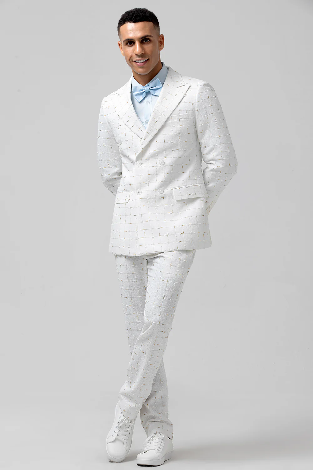 White Peak Lapel 2 Pieces Double Breasted Plaid Men's Suits - Image 3