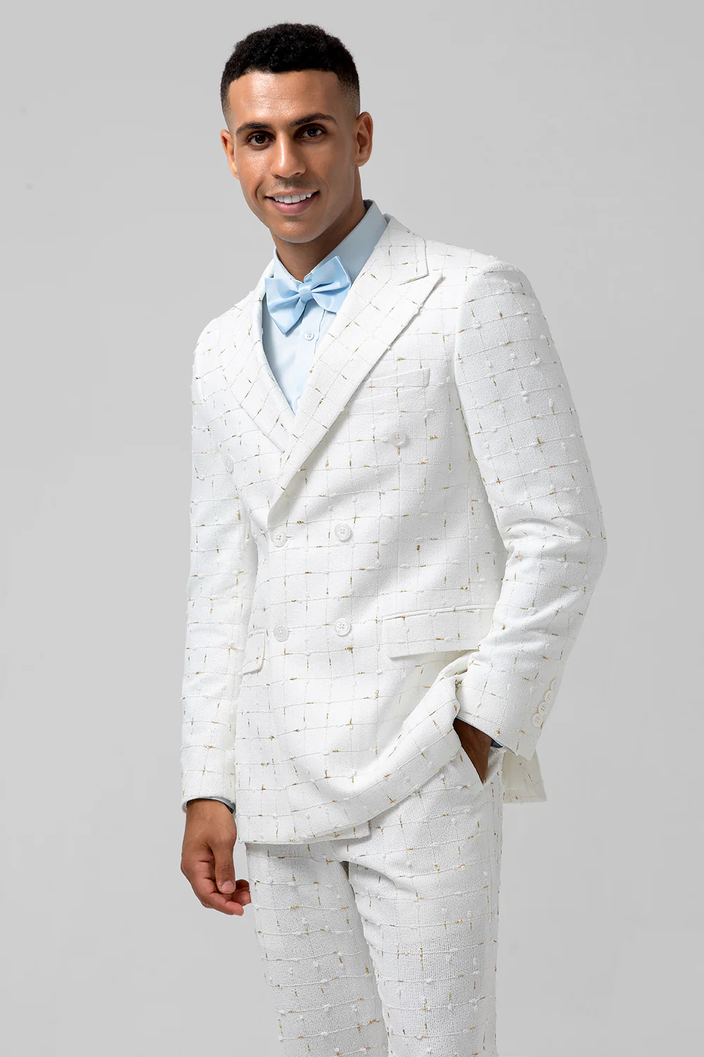 White Peak Lapel 2 Pieces Double Breasted Plaid Men's Suits - Image 6