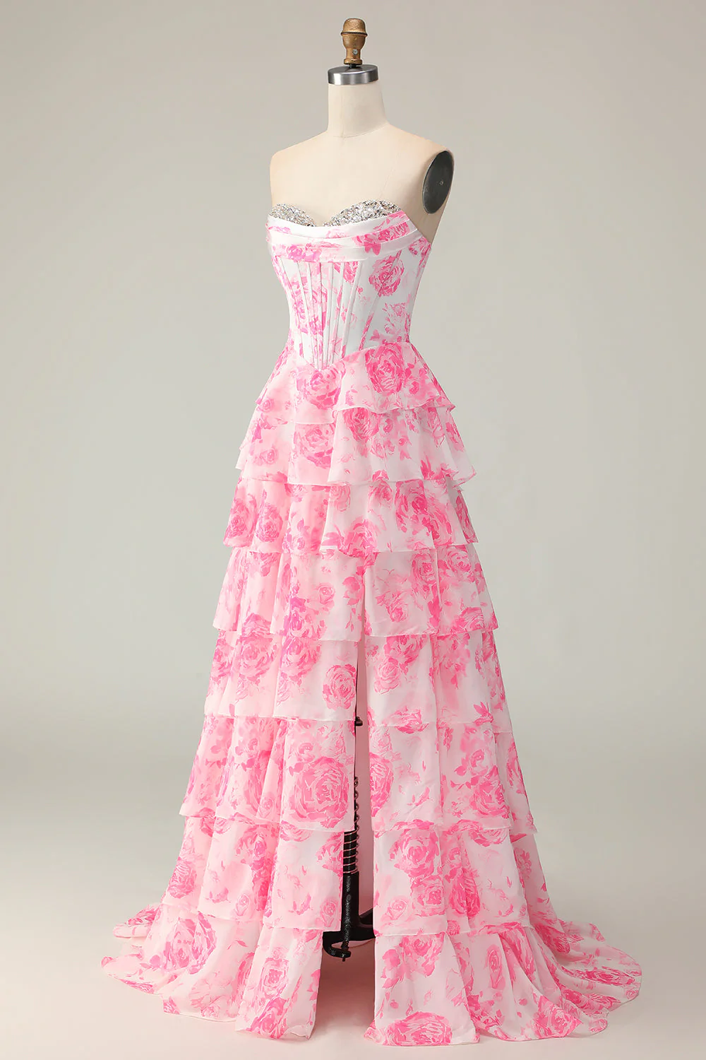 White Pink Flower A Line Sweetheart Sequins Tiered Corset Long Prom Dress with Slit - Image 3