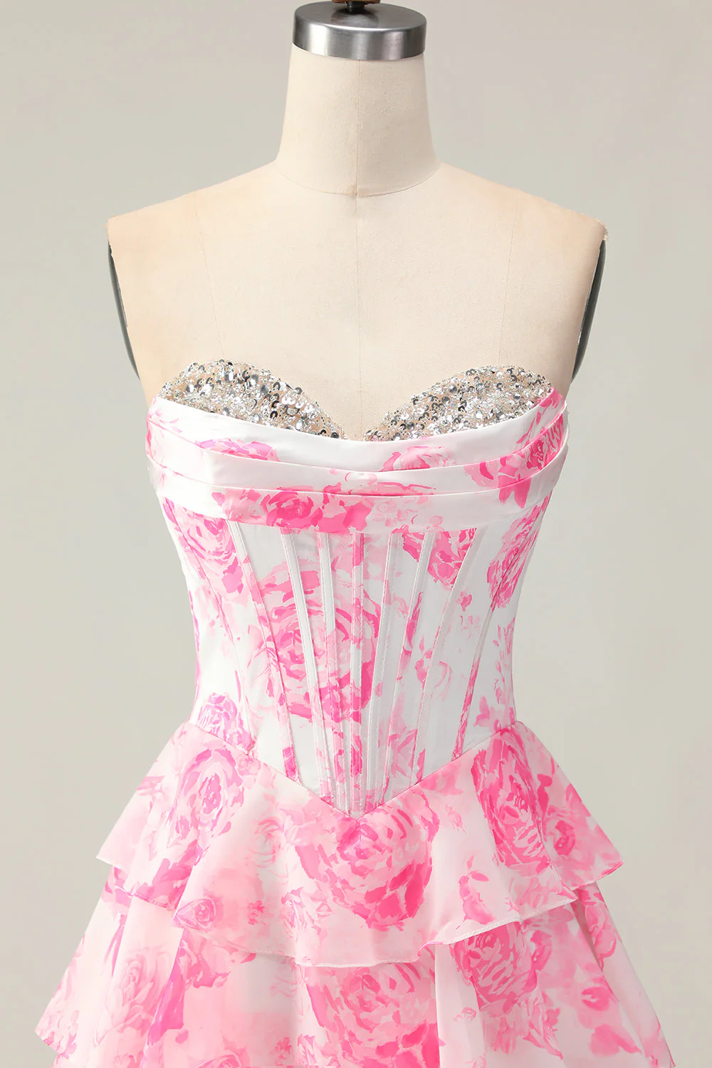 White Pink Flower A Line Sweetheart Sequins Tiered Corset Long Prom Dress with Slit - Image 4