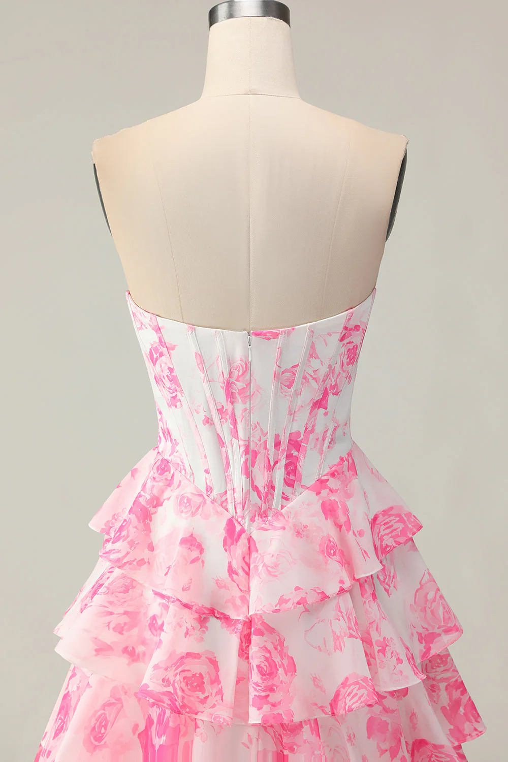 White Pink Flower A Line Sweetheart Sequins Tiered Corset Long Prom Dress with Slit - Image 5