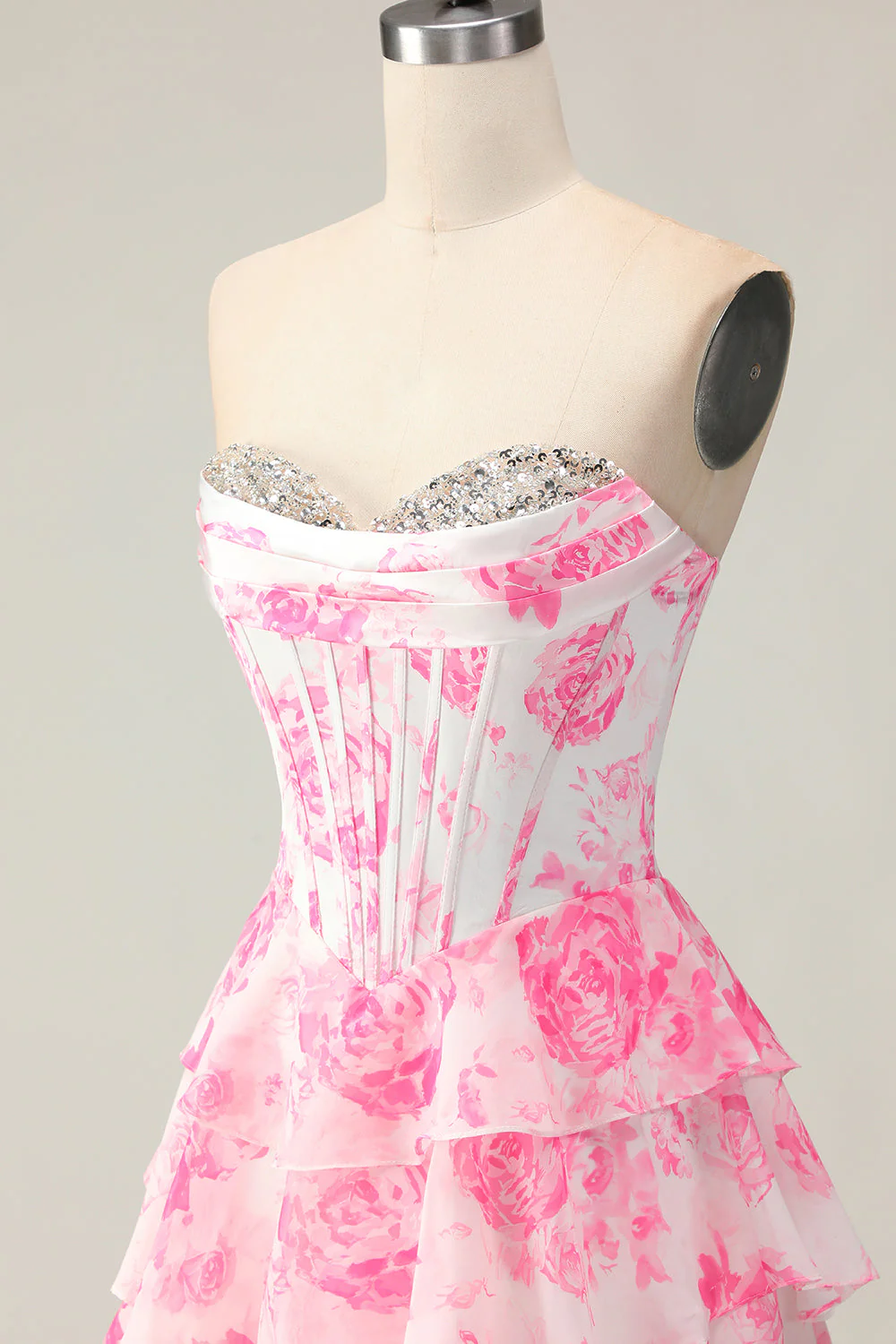 White Pink Flower A Line Sweetheart Sequins Tiered Corset Long Prom Dress with Slit - Image 6