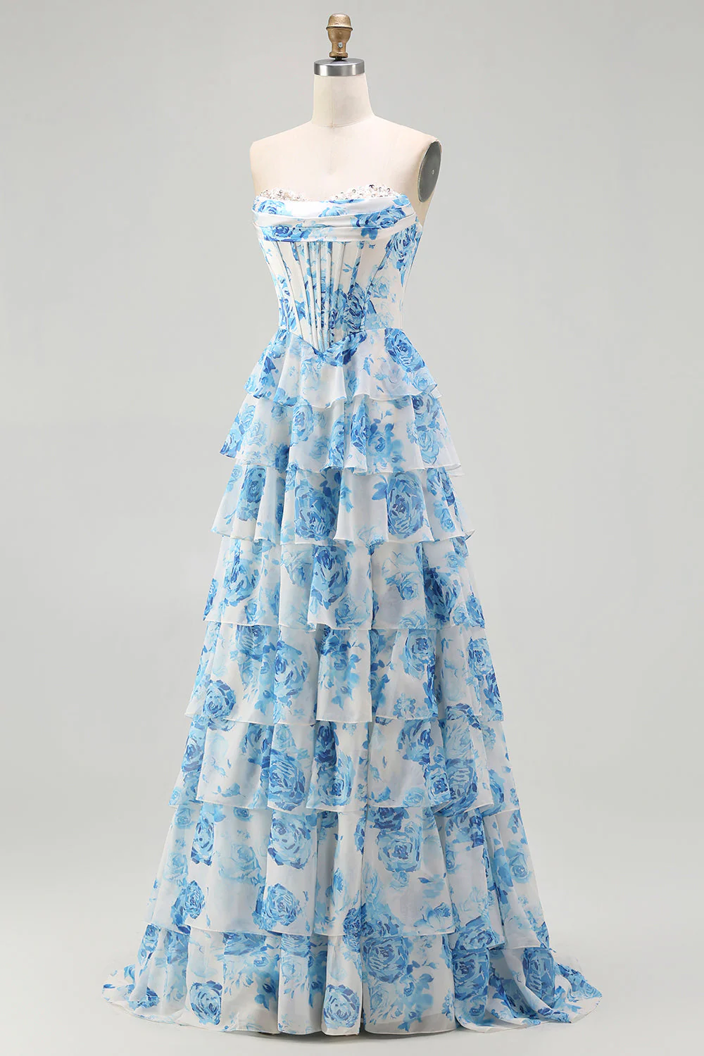 White Pink Flower A Line Sweetheart Tiered Corset Sequin Long Prom Dress with Slit - Image 11