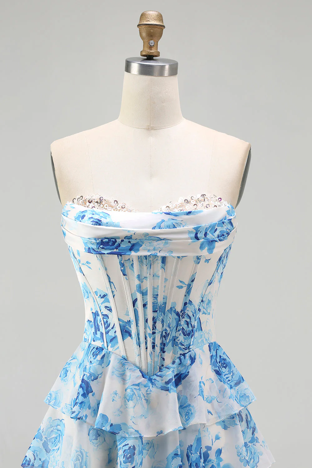 White Pink Flower A Line Sweetheart Tiered Corset Sequin Long Prom Dress with Slit - Image 12