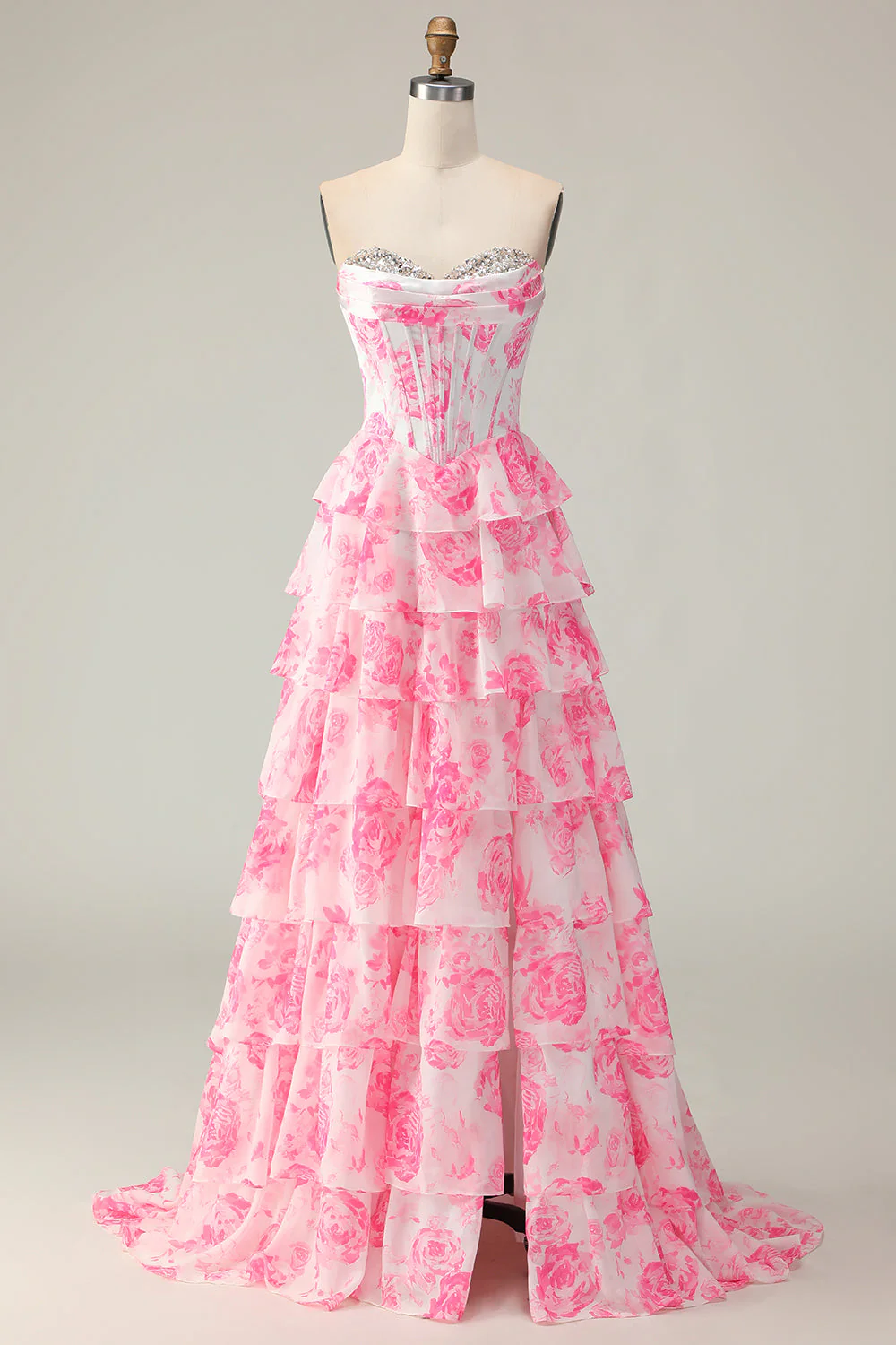 White Pink Flower A Line Sweetheart Tiered Corset Sequin Long Prom Dress with Slit - Image 7