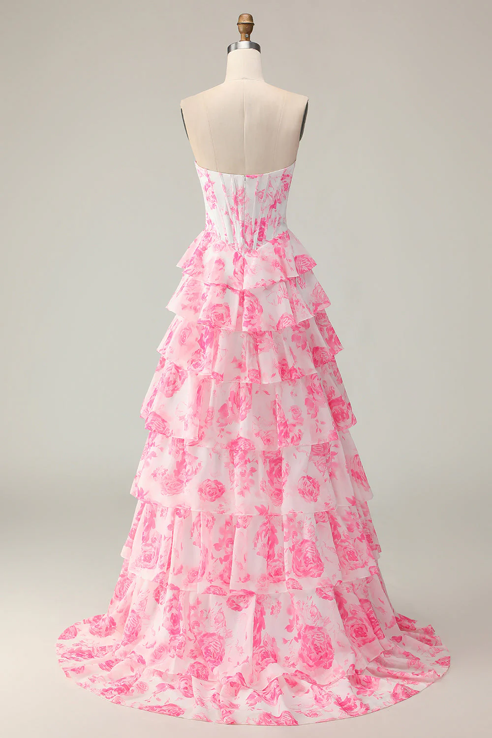 White Pink Flower A Line Sweetheart Tiered Corset Sequin Long Prom Dress with Slit - Image 8