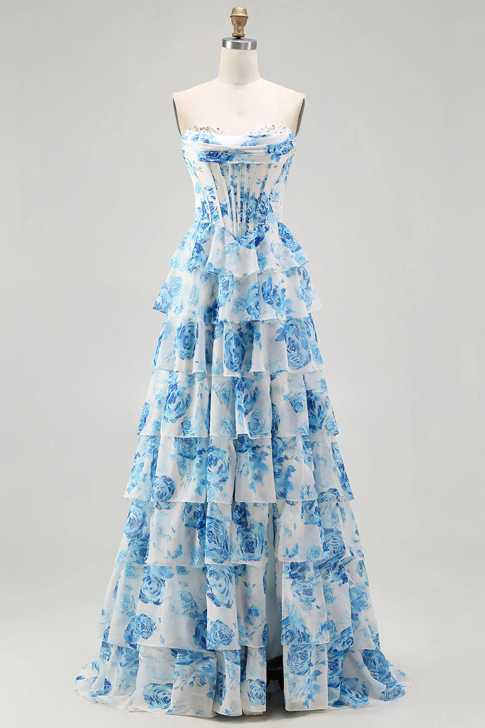 White Pink Flower A Line Sweetheart Tiered Corset Sequin Long Prom Dress with Slit - Image 9