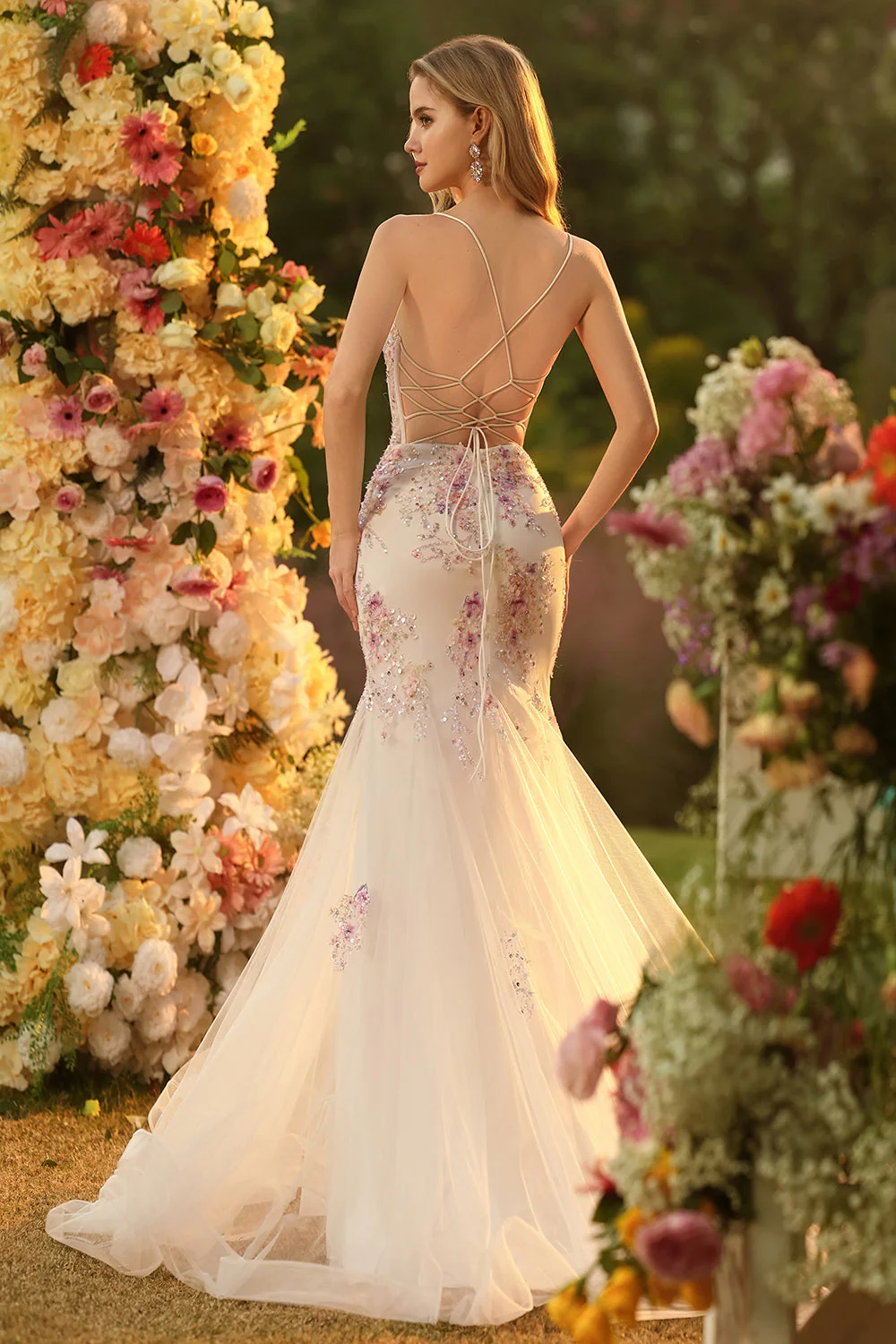 White Pink Flower Mermaid Sequins Corset Beaded Long Prom Dress with Lace Up Back - Image 2