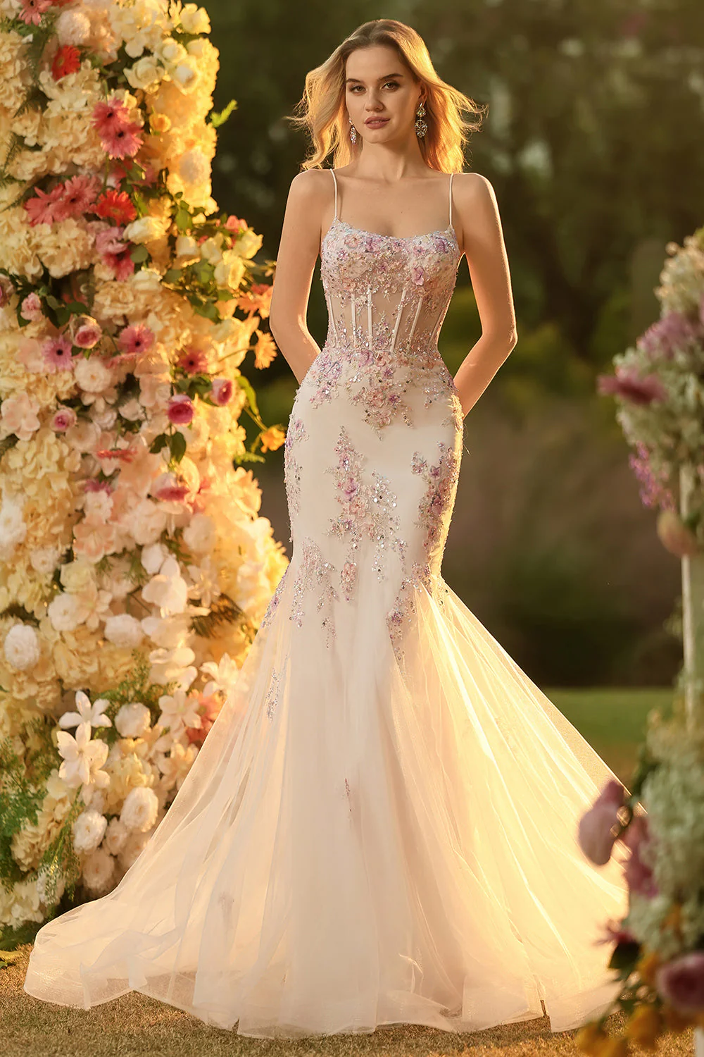White Pink Flower Mermaid Sequins Corset Beaded Long Prom Dress with Lace Up Back - Image 3