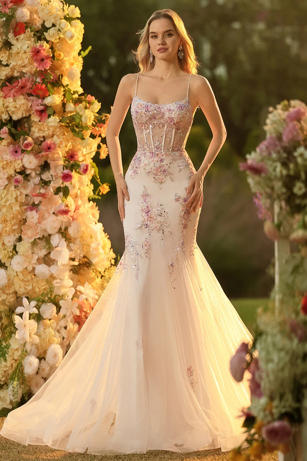 White Pink Flower Mermaid Sequins Corset Beaded Long Prom Dress with Lace Up Back - Image 4