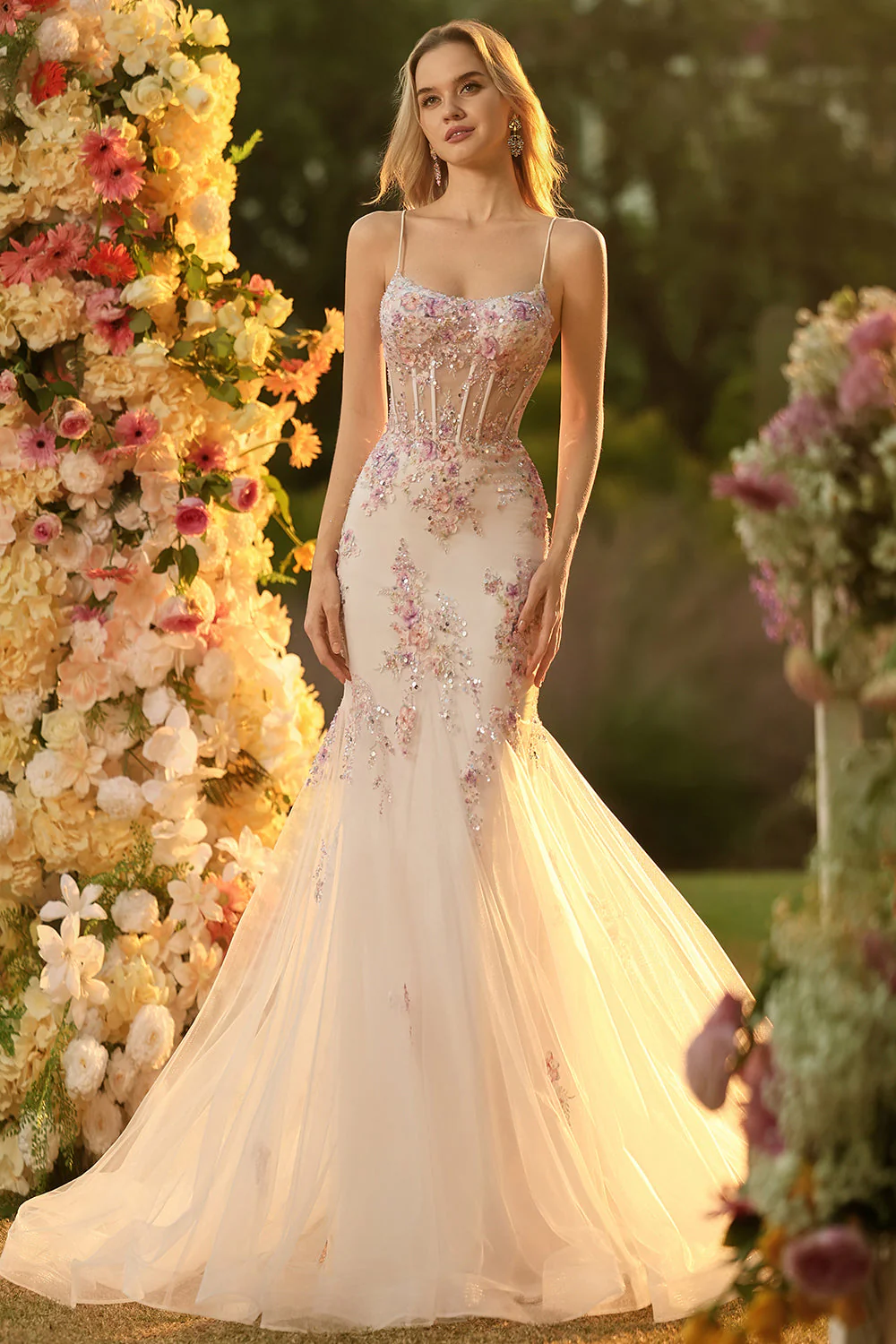 White Pink Flower Mermaid Sequins Corset Beaded Long Prom Dress with Lace Up Back - Image 5