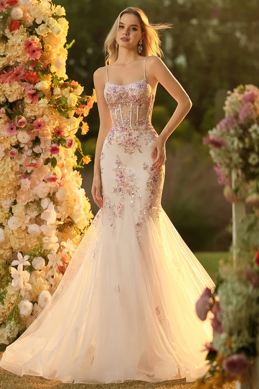 White Pink Flower Mermaid Sequins Corset Beaded Long Prom Dress with Lace Up Back - Image 6