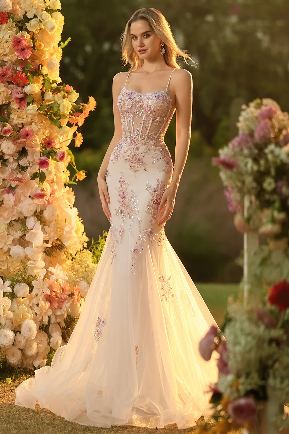 White Pink Flower Mermaid Sequins Corset Beaded Long Prom Dress with Lace Up Back - Image 7