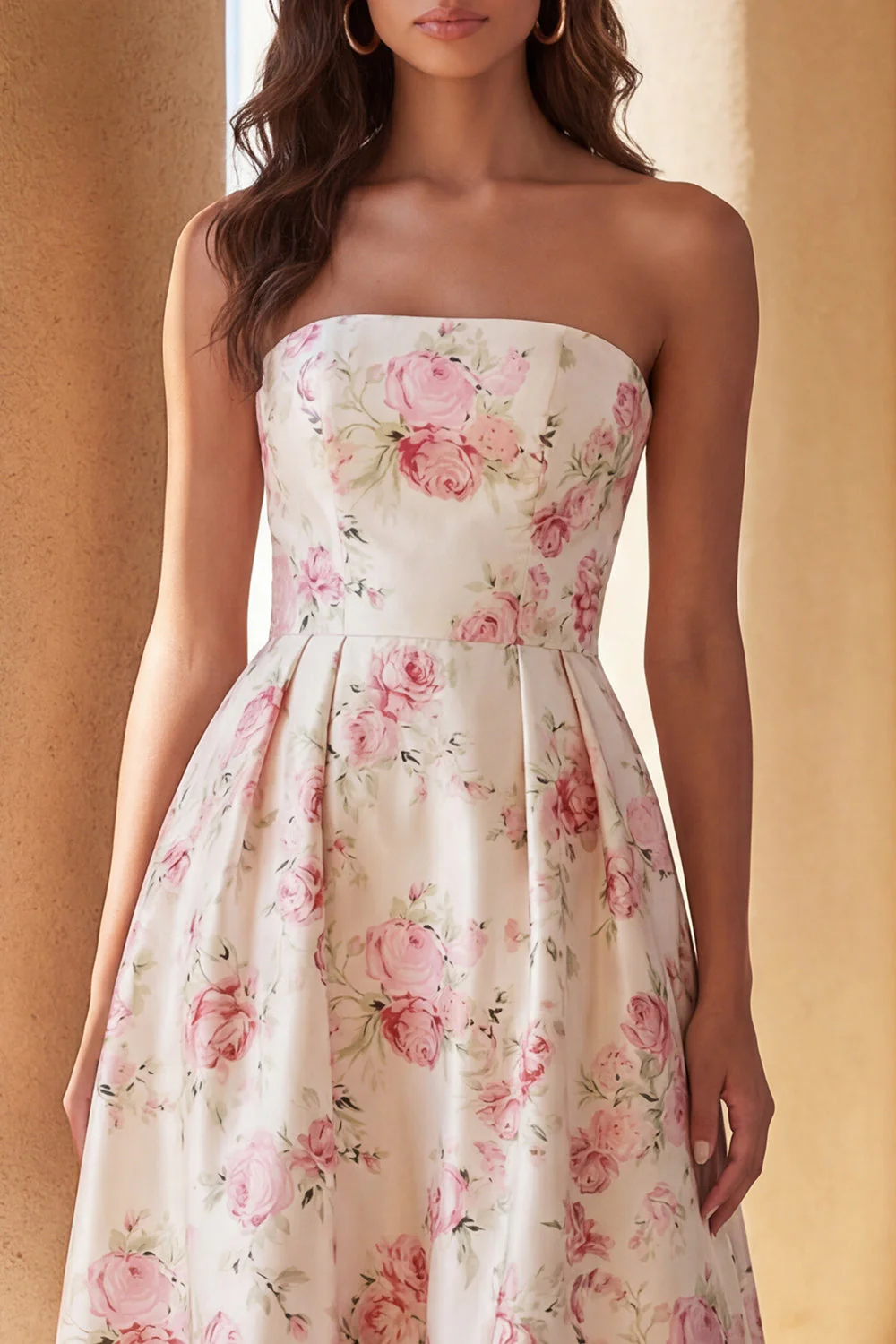 Strapless White Pink Flower A Line Midi Dress with Ruffles - Image 3