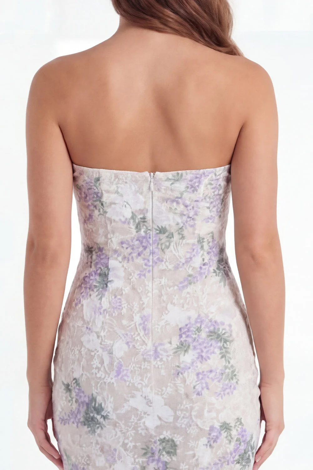 Strapless White Purple Flower Keyhole Bodycon Mini Dress with Bow - Image 5