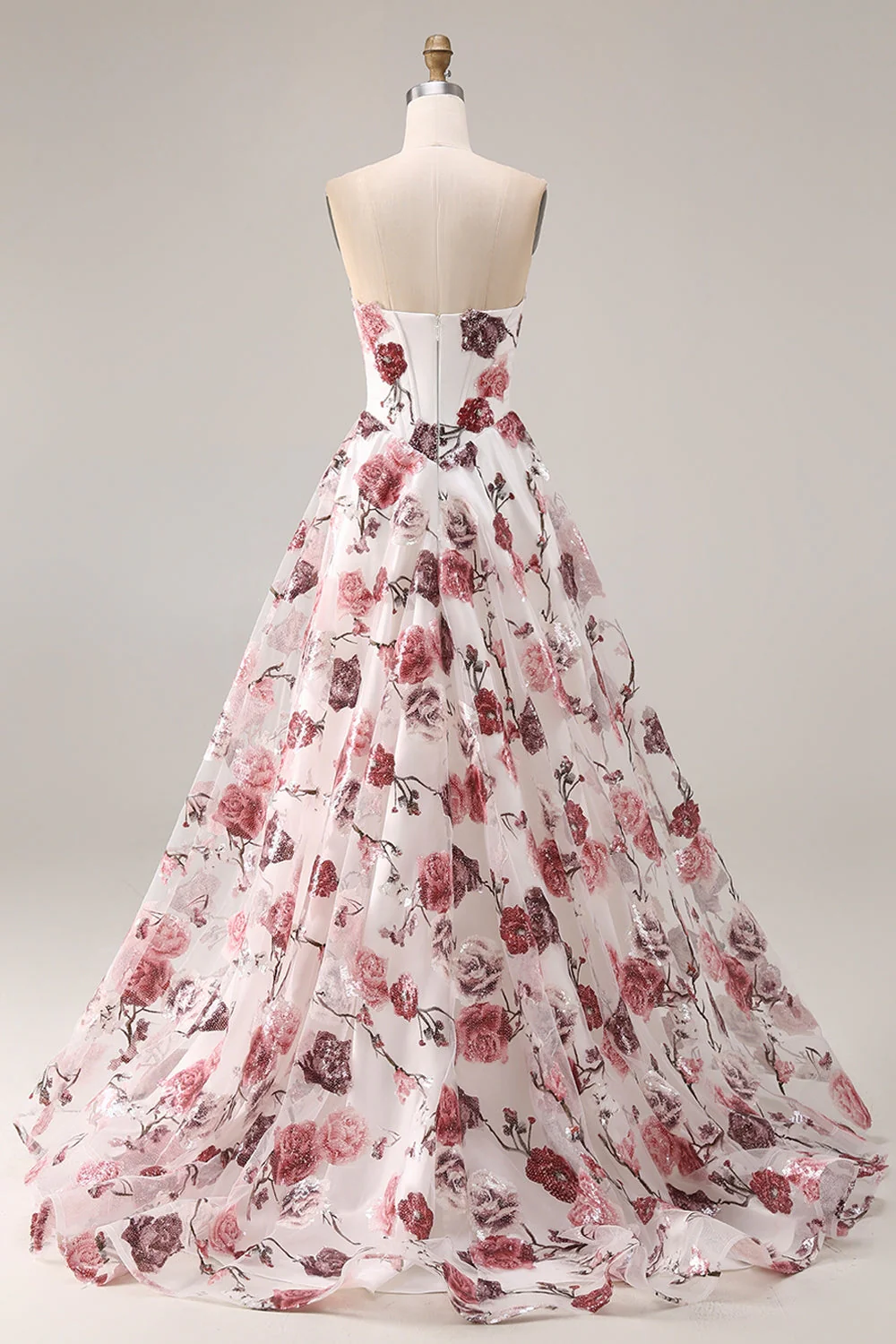 Strapless White Red Flower A-Line Basque Waist Long Prom Dress with Slit - Image 2