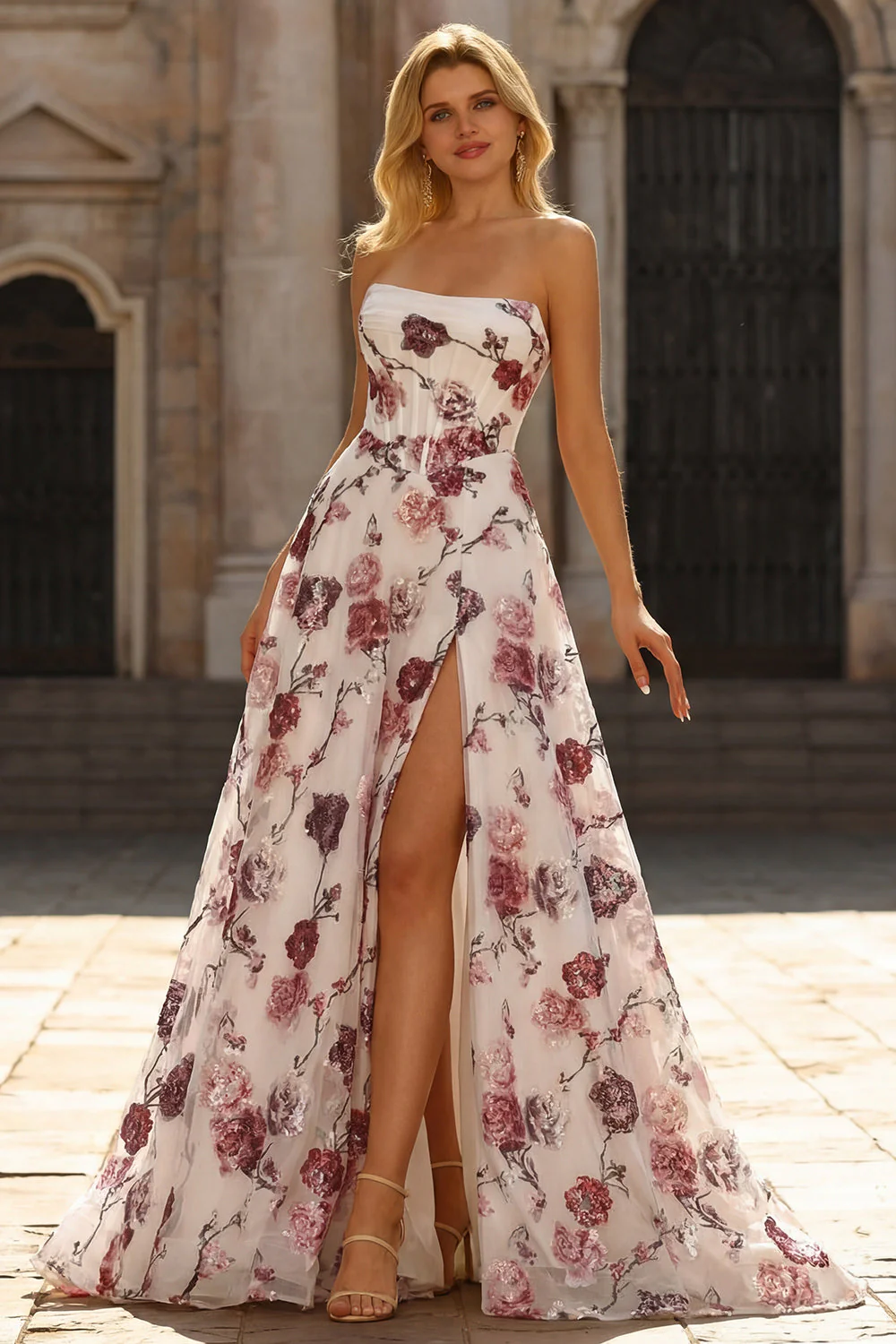 Strapless White Red Flower A-Line Basque Waist Long Prom Dress with Slit - Image 3