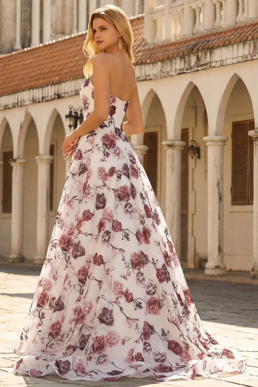 Strapless White Red Flower A-Line Basque Waist Long Prom Dress with Slit - Image 4