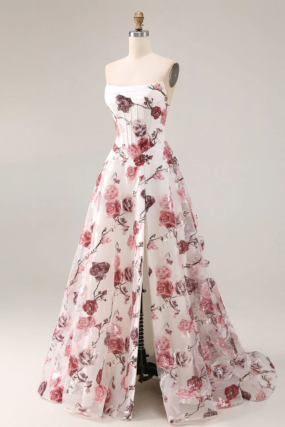 Strapless White Red Flower A-Line Basque Waist Long Prom Dress with Slit - Image 5