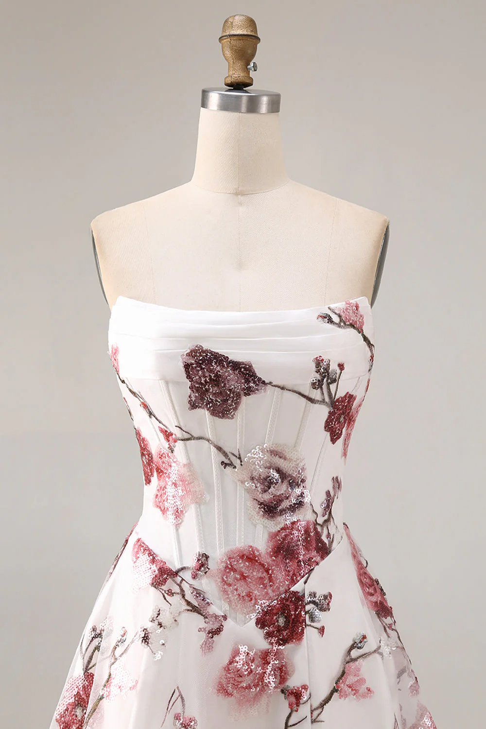 Strapless White Red Flower A-Line Basque Waist Long Prom Dress with Slit - Image 6