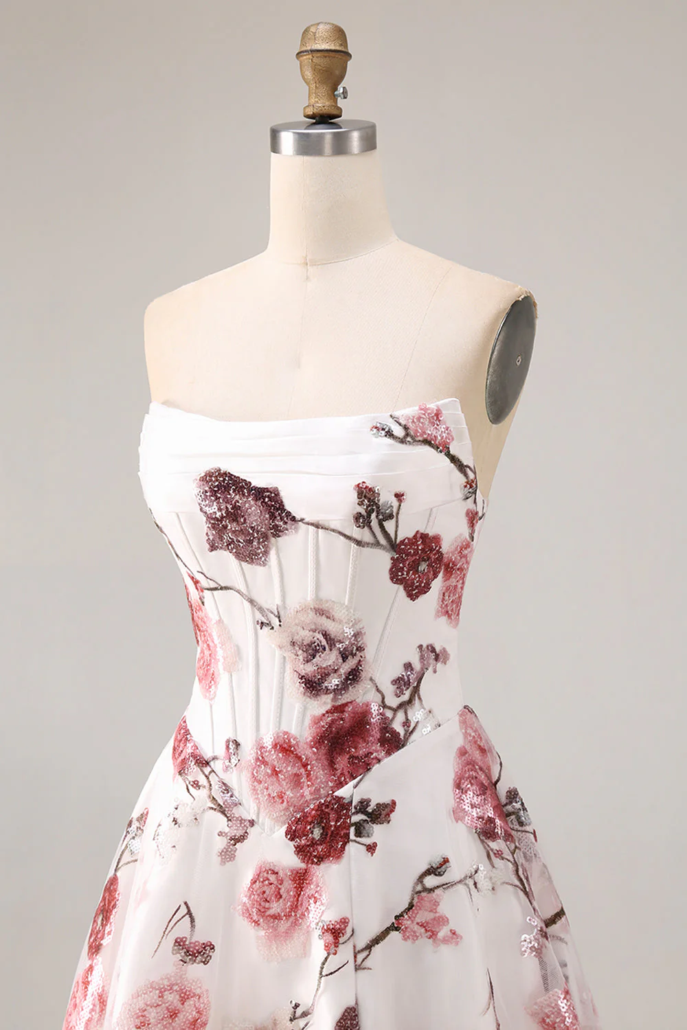 Strapless White Red Flower A-Line Basque Waist Long Prom Dress with Slit - Image 7