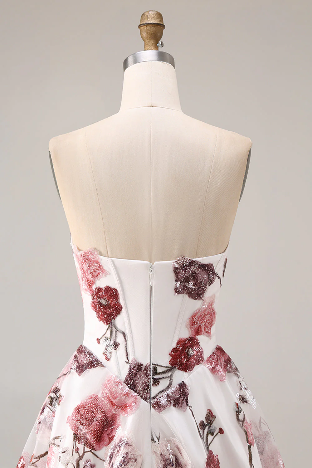 Strapless White Red Flower A-Line Basque Waist Long Prom Dress with Slit - Image 8