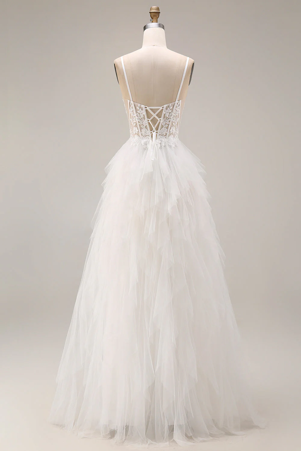 White Ruffled Tulle A-Line Spaghetti Straps Corset Long Wedding Dress - Image 2
