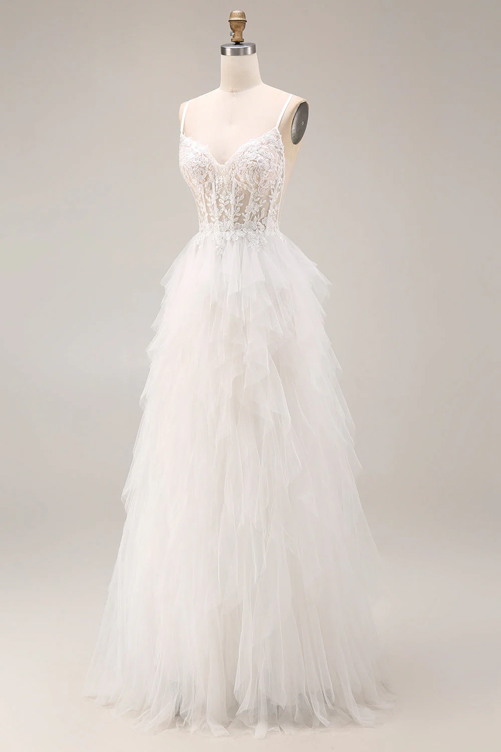 White Ruffled Tulle A-Line Spaghetti Straps Corset Long Wedding Dress - Image 3