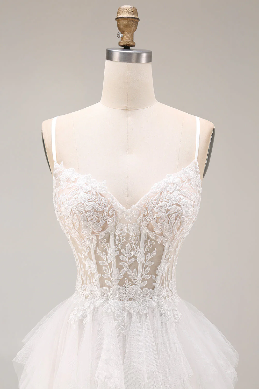 White Ruffled Tulle A-Line Spaghetti Straps Corset Long Wedding Dress - Image 4