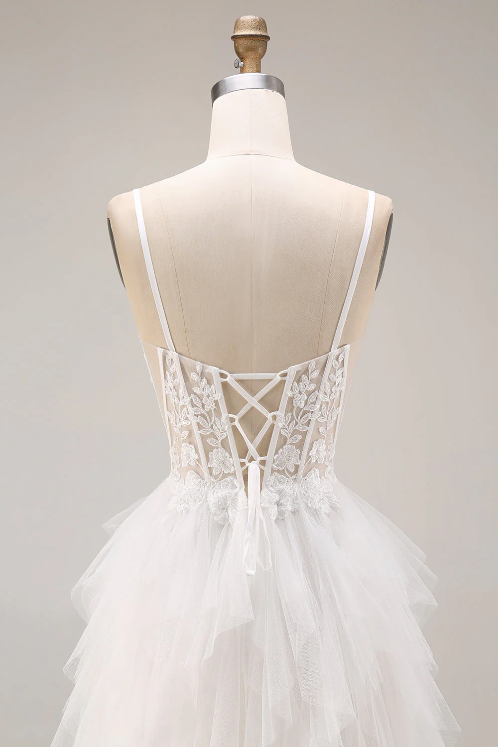 White Ruffled Tulle A-Line Spaghetti Straps Corset Long Wedding Dress - Image 5