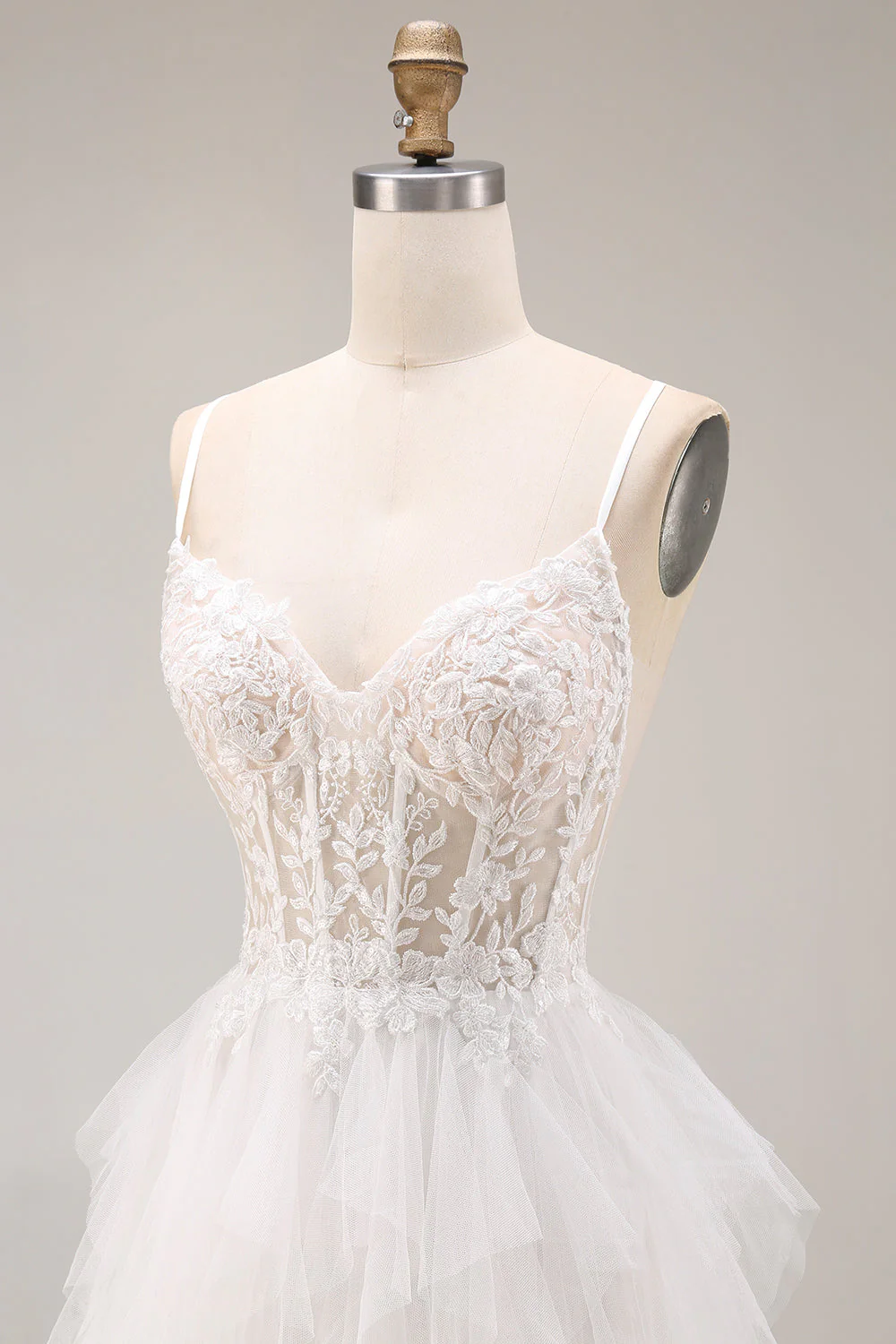 White Ruffled Tulle A-Line Spaghetti Straps Corset Long Wedding Dress - Image 6