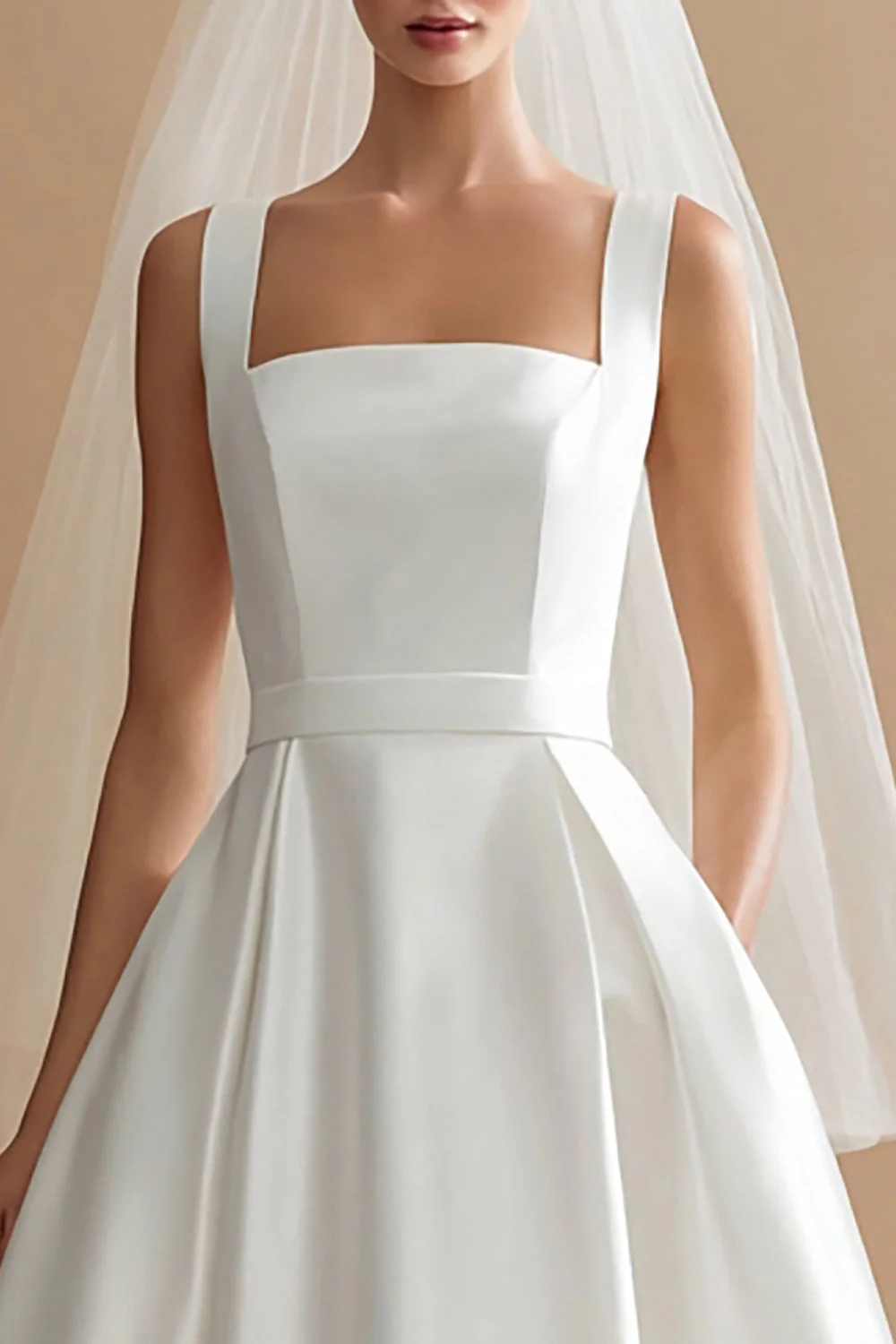 White Satin A Line Square Neck Midi Wedding Dress - Image 2