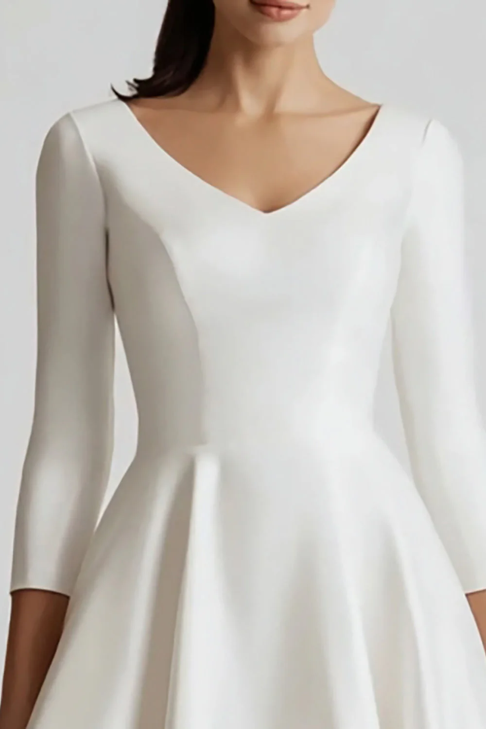 White Satin A Line V-Neck Midi Engagement Dress with 3/4 Sleeves - Image 2