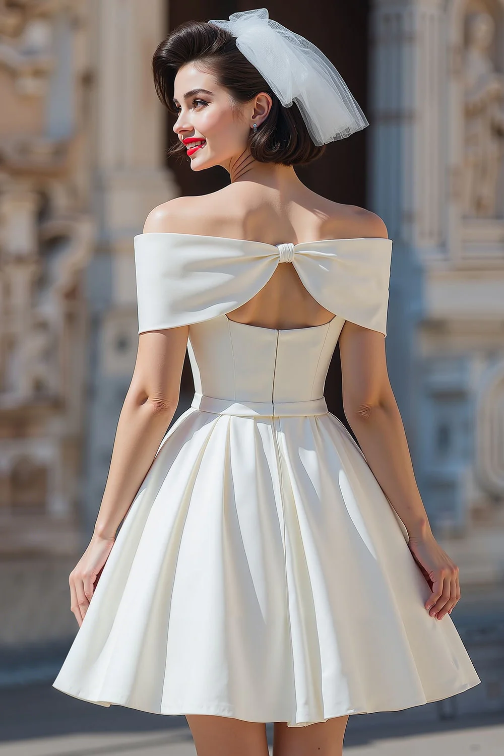 White Satin Off the Shoulder A Line Short Wedding Dress with Bows - Image 2