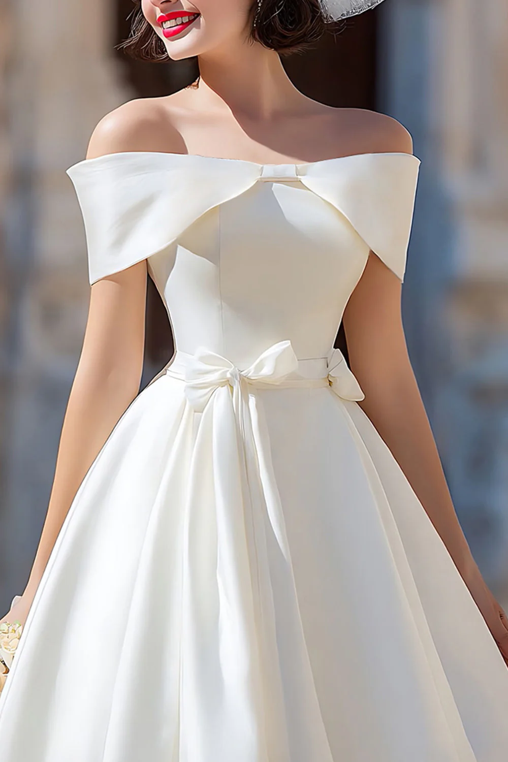 White Satin Off the Shoulder A Line Short Wedding Dress with Bows - Image 3