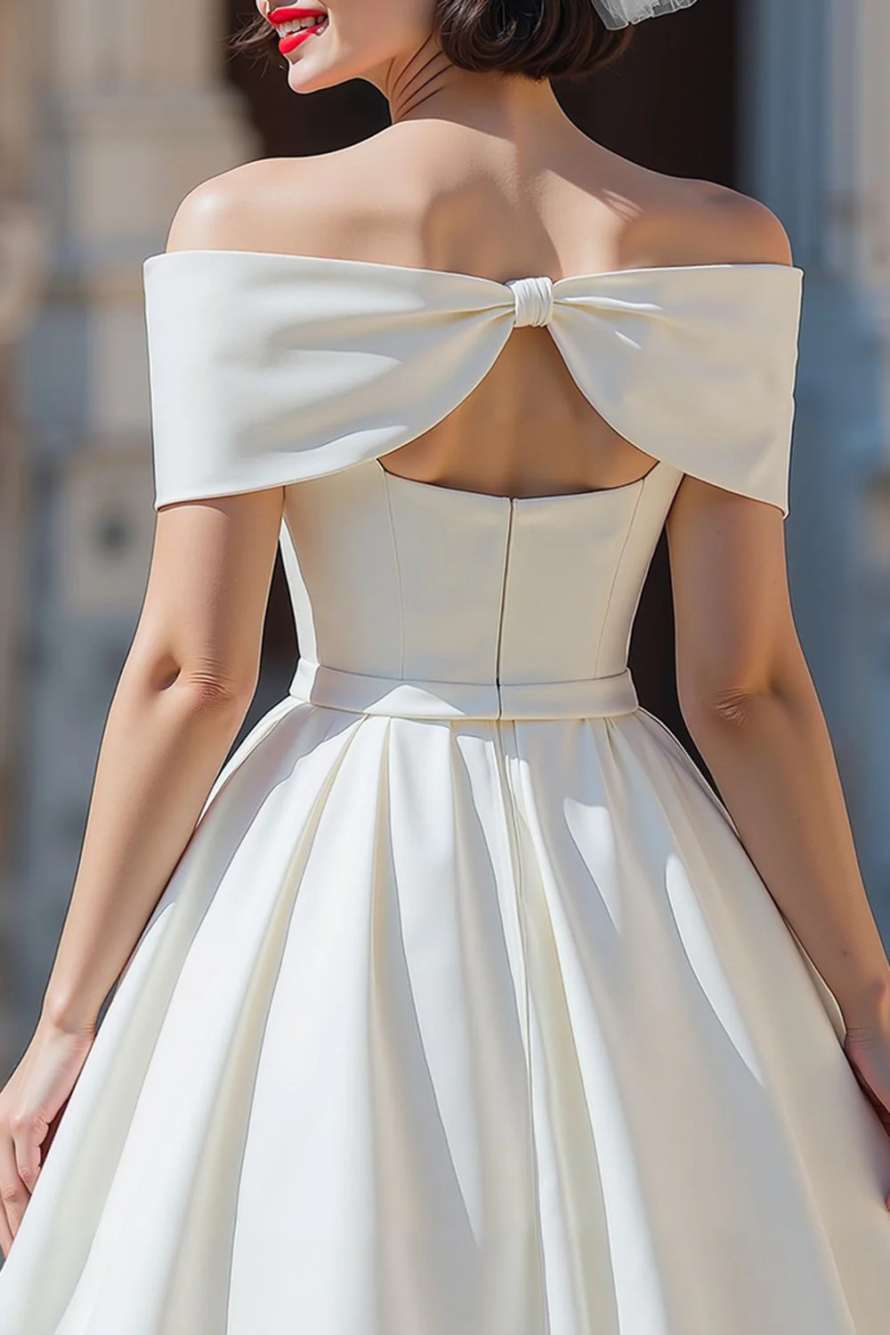 White Satin Off the Shoulder A Line Short Wedding Dress with Bows - Image 4