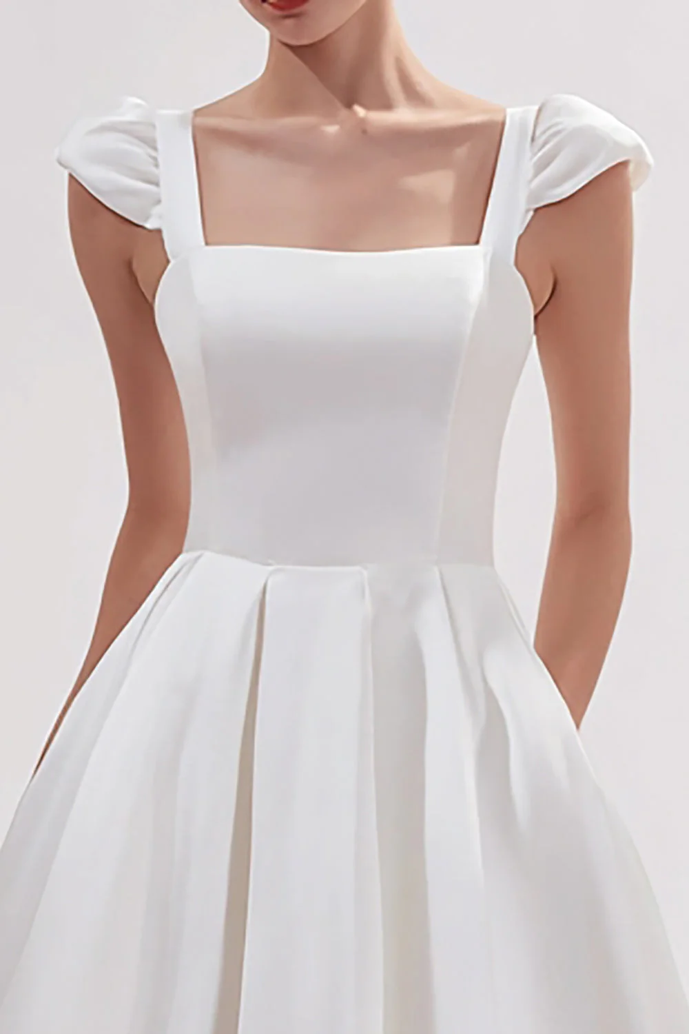 White Satin Square Neck Long Engagement Dress with Pockets - Image 2