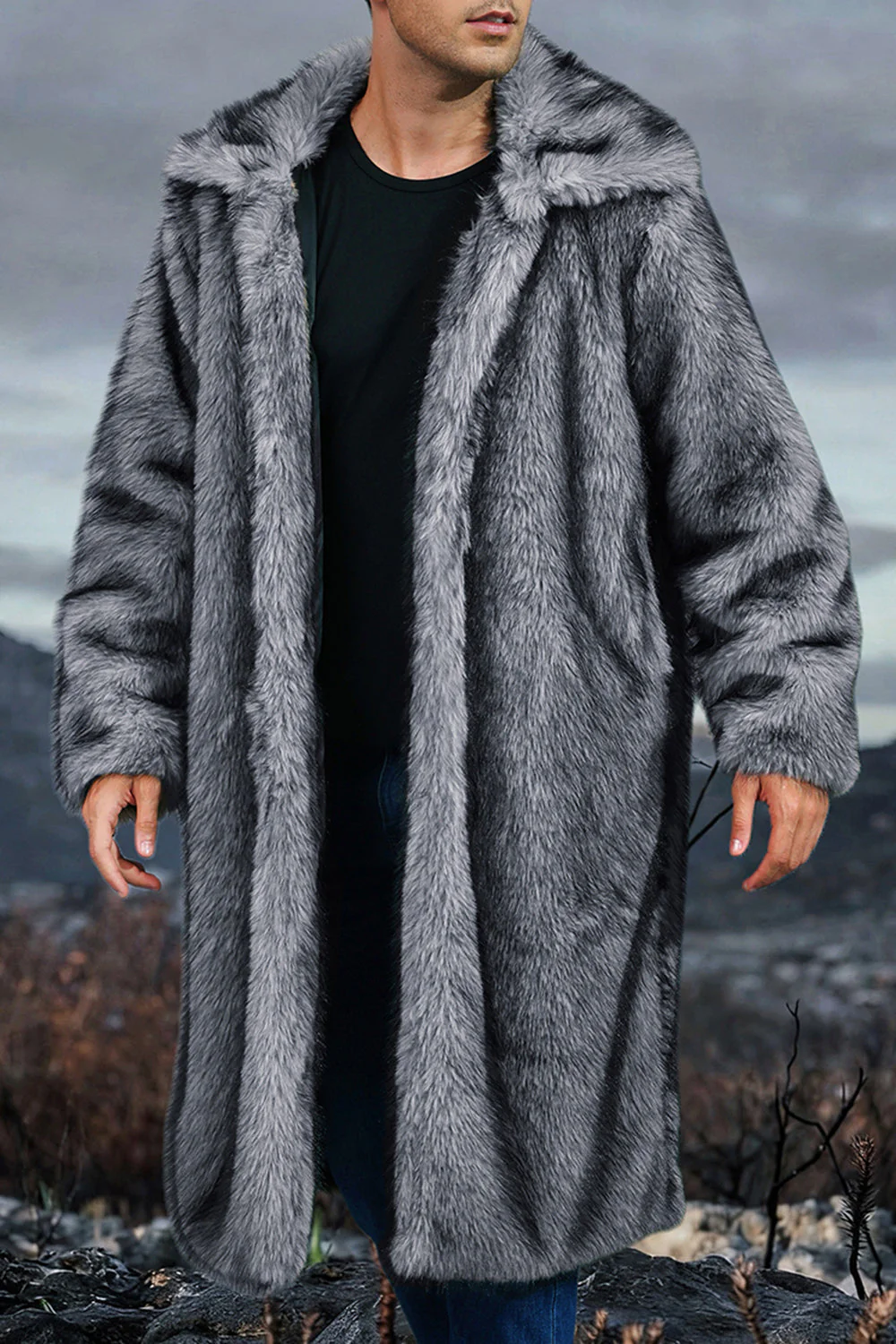 White Shawl Lapel Faux Fur Long Men's Coat - Image 11