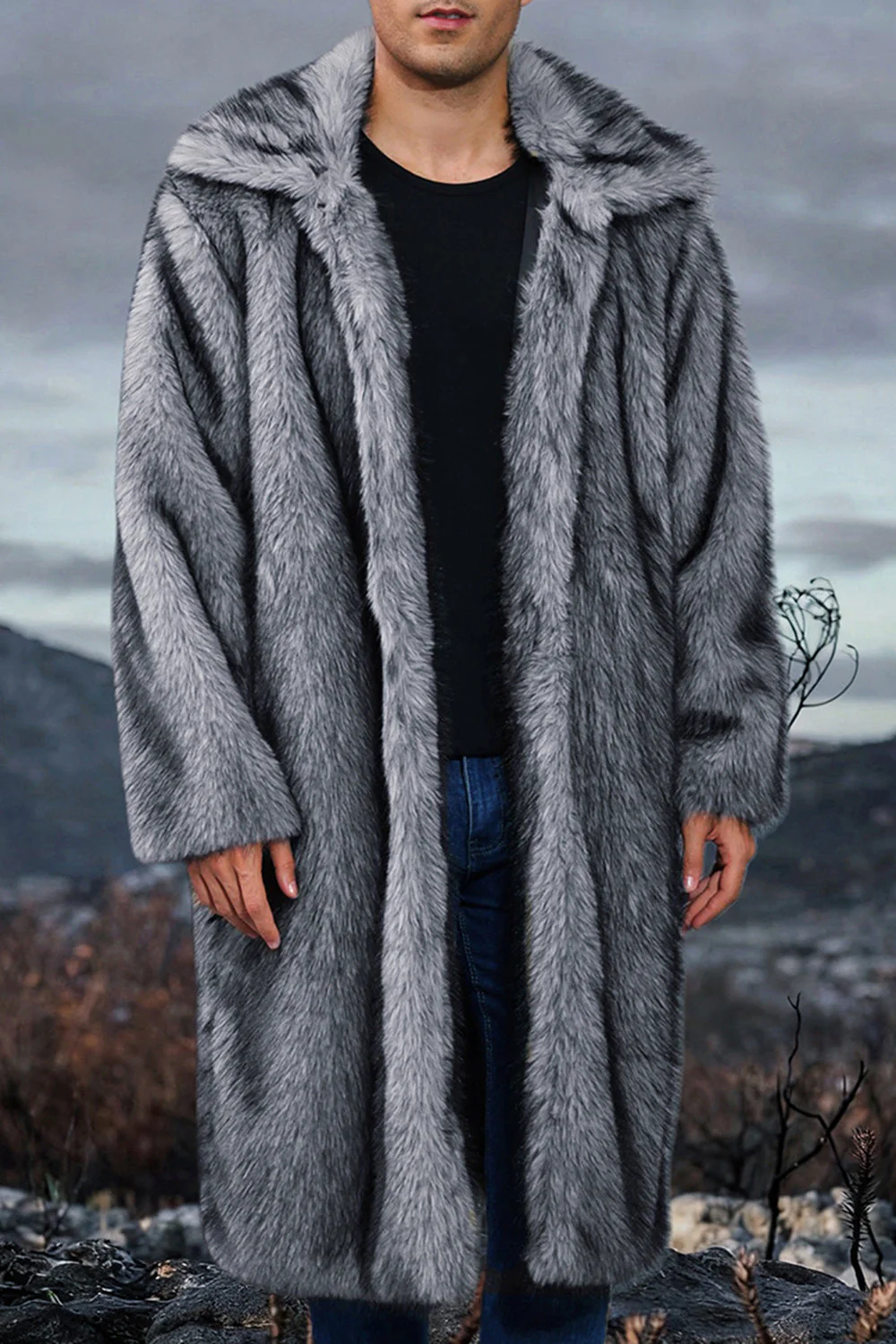 White Shawl Lapel Faux Fur Long Men's Coat - Image 12