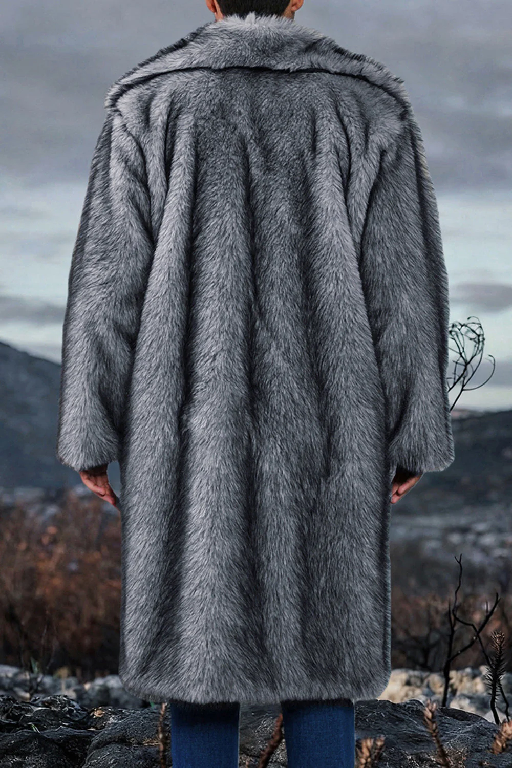 White Shawl Lapel Faux Fur Long Men's Coat - Image 13
