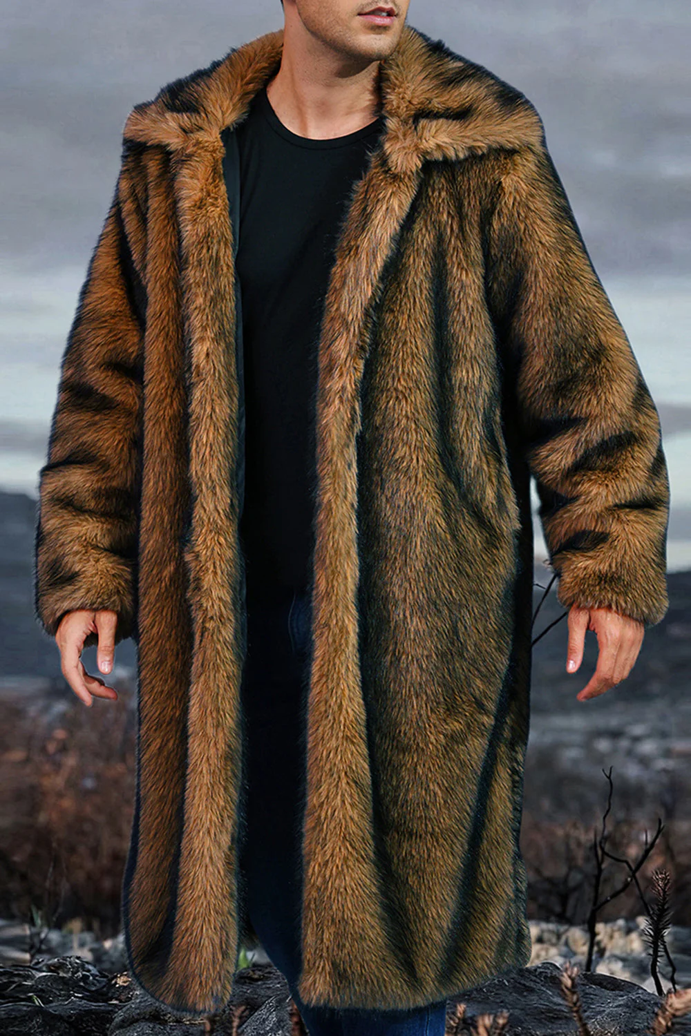 White Shawl Lapel Faux Fur Long Men's Coat - Image 16