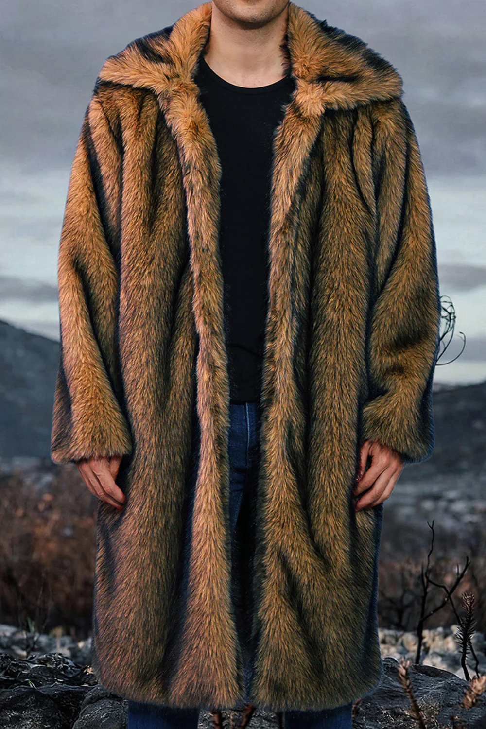 White Shawl Lapel Faux Fur Long Men's Coat - Image 17